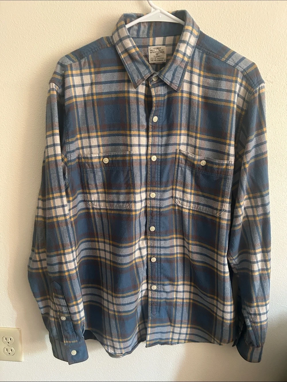JCrew Men's L Blue/Yellow Plaid Cotton Flannel Chest Pkts Button-Up Shirt